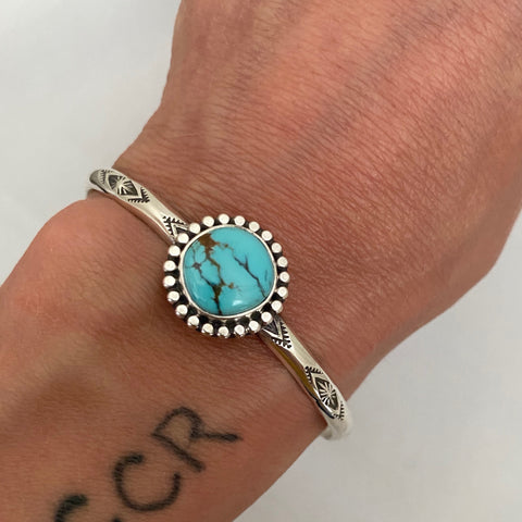 Stamped Turquoise Cuff Bracelet- Sterling Silver and Sierra Nevada Turquoise Stacker Cuff- Size S/M