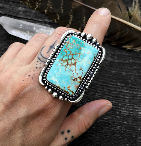 Huge Square Royston Turquoise Ring- Sterling Silver and Natural Turquoise- Finished to Size