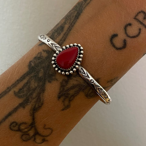 Stamped Rosarita Stacker Cuff- Sterling Silver and Red Rosarita Bracelet- Size S/M