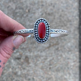 Stamped Rosarita Stacker Cuff- Sterling Silver and Red Rosarita Bracelet- Size M