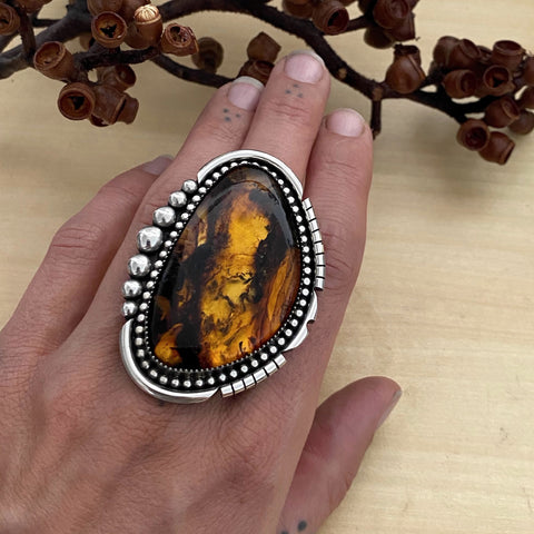 Huge Amber Statement Ring- Sterling Silver and Mayan Amber - Finished to Size