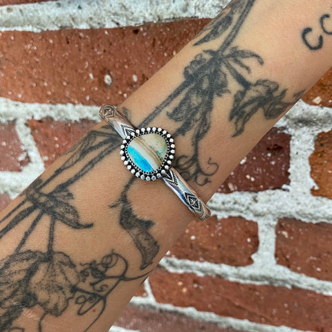 Stamped Wide Endless Summer Stacker Cuff- Sterling Silver and Blue Opal Petrified Wood Bracelet- Size M/L
