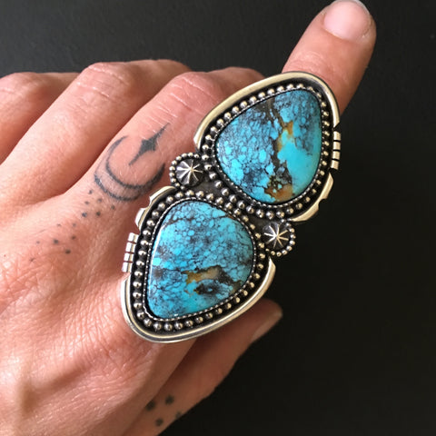 Huge Two-Stone Turquoise Ring- Sterling Silver and Webbed Kingman Turquoise- Finished to Size
