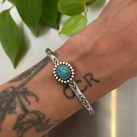 Stamped Stacker Cuff- Size S/M- Kingman Turquoise and Sterling Silver Bracelet