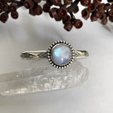 Stamped Wide Stacker Cuff- Sterling Silver and Rainbow Moonstone Bracelet- Size S/M