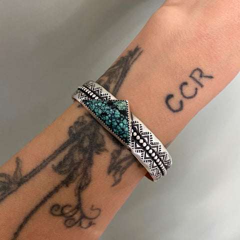The Zig Zag Cuff- Size S/M- Bamboo Mountain Turquoise and Stamped Sterling Silver Bracelet