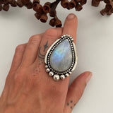 Huge Teardrop Moonstone Statement Ring or Pendant- Sterling Silver and Rainbow Moonstone- Finished to Size