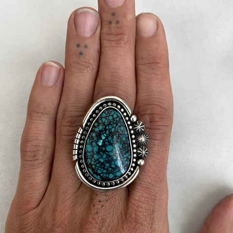 Large Celestial Turquoise Ring- Sterling Silver and Tibetan Turquoise Statement Ring- Finished to Size or as Pendant