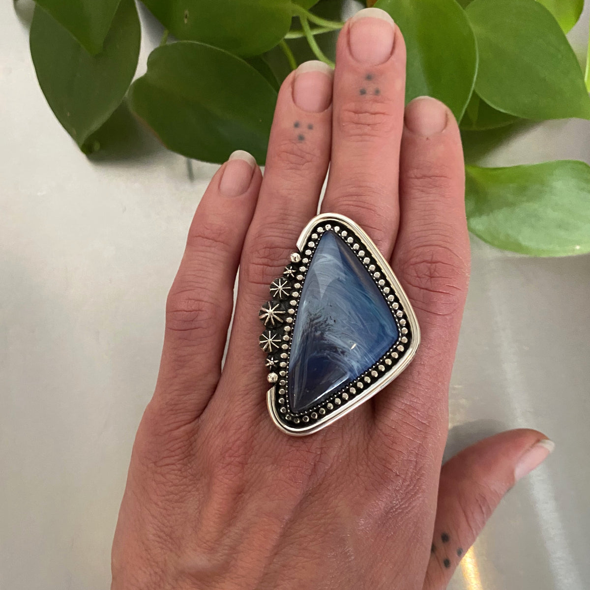 The Tidal Ring- Pioneer Blue Swirl Slag Glass and Sterling Silver- Fin ...