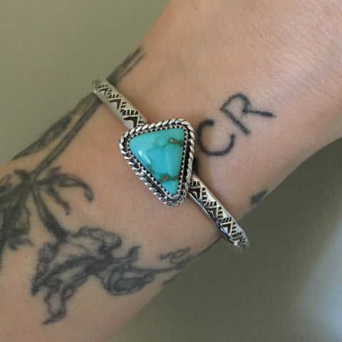 Stamped Turquoise Stacker Cuff- Sierra Nevada Turquoise and Sterling Silver Bracelet- Size S/M