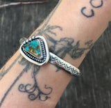 Stamped Turquoise Cuff Bracelet- Sterling Silver and Pilot Mountain Turquoise Wide Stacker Cuff- Size M/L