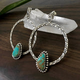 Stamped Turquoise Hoop Earrings- Sterling Silver and Kingman Turquoise