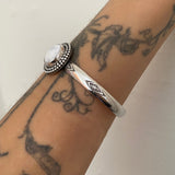 Stamped White Buffalo Wide Stacker Cuff- Sterling Silver and White Buffalo Bracelet- Size S/M