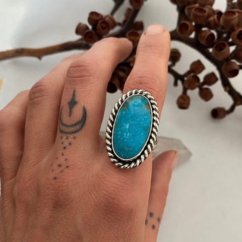 Chunky Turquoise Ring- Size 9- Hand Stamped Sterling Silver and Compass Turquoise