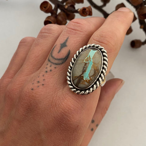 Chunky Turquoise Ring- Size 7.5- Hand Stamped Sterling Silver and Royston Ribbon Turquoise