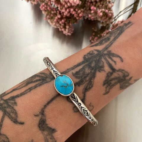 Chunky Stamped Stacker Cuff- Size L/XL- Kingman Turquoise and Sterling Silver Bracelet