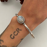 Stamped Stacker Cuff- Sterling Silver and Rainbow Moonstone Bracelet- Size L/XL