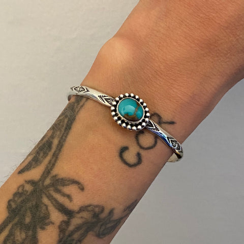 Stamped Turquoise Stacker Cuff- Sterling Silver and Royston Turquoise Bracelet- Size XS/S