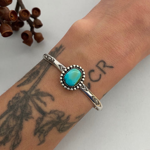 Stamped Turquoise Stacker Cuff- Sterling Silver and Royston Turquoise Bracelet- Size XS/S