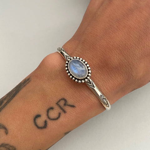 Stamped Stacker Cuff- Sterling Silver and Rainbow Moonstone Bracelet- Size XS