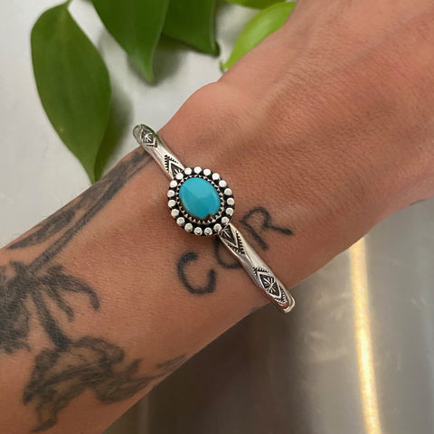 Stamped Stacker Cuff- Size XS/S- Kingman Turquoise and Sterling Silver Bracelet